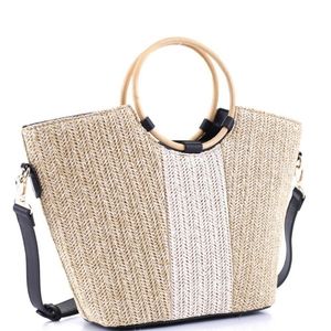 Two-Tone Round Bamboo Handle Straw Satchel